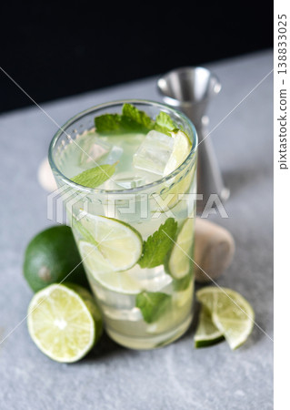 Fresh mojito cocktail with lime, mint and ice in glass Fresh mojito cocktail with lime, mint and ice in glass 138833025