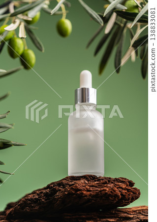 Natural facial serum with olive branches and green background in minimalist composition Natural facial serum with olive branches and green background in minimalist composition 138833081