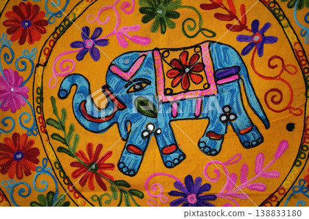 Elephant indian tibetan ornaments fabric close up detail Elephant indian tibetan ornaments fabric close up detail 138833180