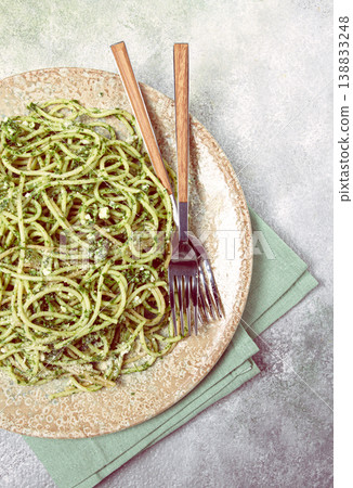 spaghetti with pesto sauce, homemade, no people, 138833248