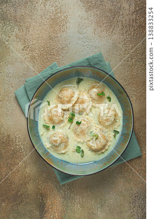 ravioli in cream sauce, spices and herbs, top view, no people, ravioli in cream sauce, spices and herbs, top view, no people, 138833254
