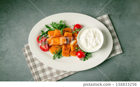 fried fish nuggets, with white sauce, arugula and cherry, no people, fried fish nuggets, with white sauce, arugula and cherry, no people, 138833256