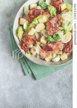 caesar salad with fried bacon, quail eggs, homemade, no people, 138833260