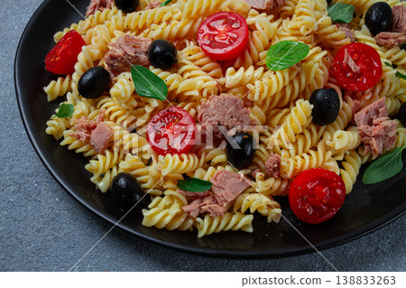 Tuna salad, fusilli pasta, olives and cherry, olive oil, homemade, Tuna salad, fusilli pasta, olives and cherry, olive oil, homemade, 138833263