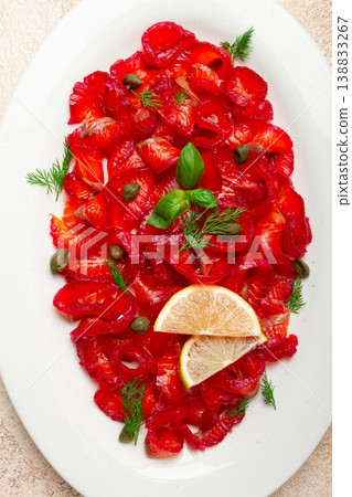 Salmon gravlax with beetroot, Scandinavian snack, beet gravlax, lightly salted fish, homemade, no people, 138833267