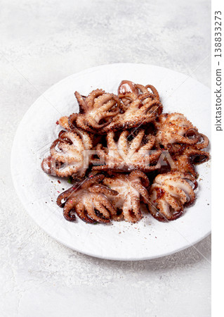Baby octopus grilled on a white plate, homemade, no people, 138833273