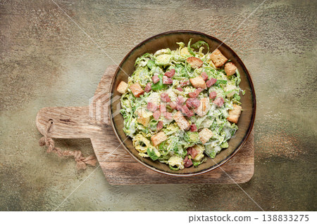 Brussels sprouts Caesar salad, with bacon and croutons, healthy food, homemade, no people, Brussels sprouts Caesar salad, with bacon and croutons, healthy food, homemade, no people, 138833275