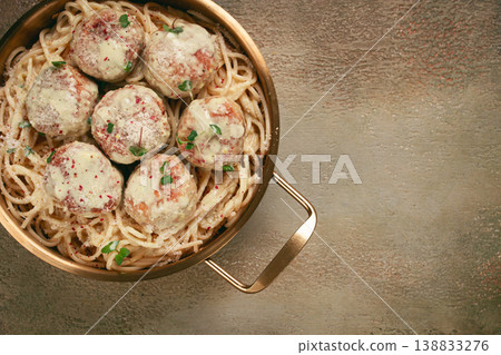 spaghetti with chicken meatballs, with cream sauce, and parmesan cheese, and decorated with microgreens, homemade, no people, spaghetti with chicken meatballs, with cream sauce, and parmesan cheese, and decorated with microgreens, homemade, no people, 138833276