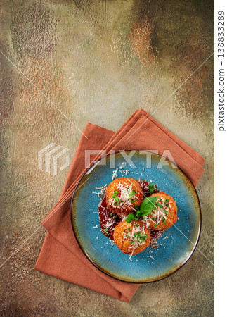 Crispy Arancini appetizer, with parmesan cheese and microgreens, plate, tomato sauce, homemade, no people, 138833289