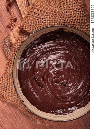 a bowl of chocolate dough , baking, structure and consistency, homemade, top view, no people, 138833301