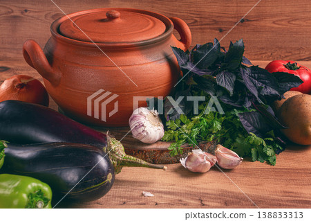 clay pot, with ingredients , for cooking Chanakhi dishes, Georgian cuisine, no people, 138833313