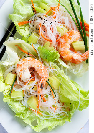 Vietnamese salad, glass noodles, with vegetables and shrimp, no people, Vietnamese salad, glass noodles, with vegetables and shrimp, no people, 138833336