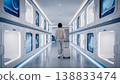 Capsule Hotel Corridor with Traveler Walking, Futuristic Accommodation Concept 138833474