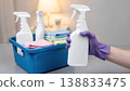 Cleaning Supplies and Disinfectant Spray in Hand, Home Hygiene Concept 138833475