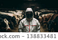 Biosecurity Worker in Protective Suit Inspecting Livestock During Animal Disease Outbreak 138833481