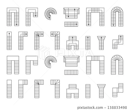 Set of stairs icons for floorplan. Staircase symbols for interior design project. Collection of stairway elements for architecture draft isolated on white background. Vector graphic illustration 138833498