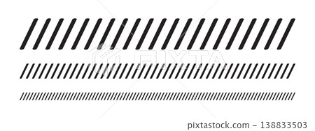 Set of dividers with slanted lines print. Borders with tilted parallel stripes. Embroidery ornament with black angled stitches on white background. Abstract geometric print. Vector illustration Set of dividers with slanted lines print. Borders with tilted parallel stripes. Embroidery ornament with black angled stitches on white background. Abstract geometric print. Vector illustration 138833503