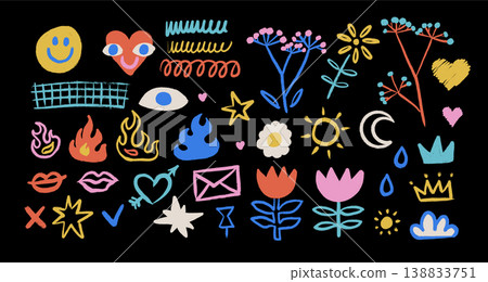 Colorful funky hand drawn doodles set. Cute girly cartoon stickers with smileys, hearts, fire and flowers on black. Expressive messy sketchy elements bundle. Vector Colorful funky hand drawn doodles set. Cute girly cartoon stickers with smileys, hearts, fire and flowers on black. Expressive messy sketchy elements bundle. Vector 138833751