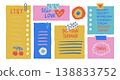 Hand drawn cartoon sticky notes collection. Colorful girly to-do list and weekly schedule paper scraps. Cute messy memos and stationery stickers bundle for diary. Vector set 138833752