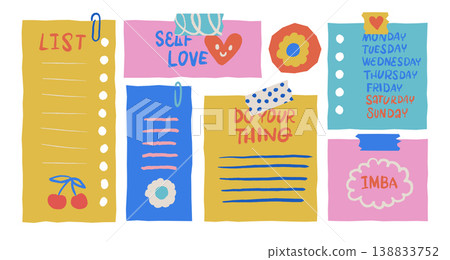 Hand drawn cartoon sticky notes collection. Colorful girly to-do list and weekly schedule paper scraps. Cute messy memos and stationery stickers bundle for diary. Vector set Hand drawn cartoon sticky notes collection. Colorful girly to-do list and weekly schedule paper scraps. Cute messy memos and stationery stickers bundle for diary. Vector set 138833752