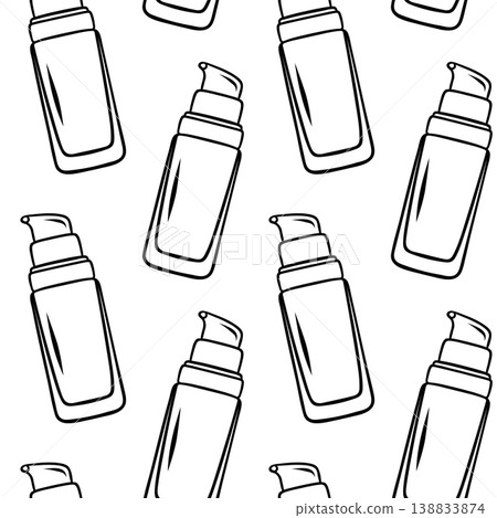Minimalist black and white repeat of foundation bottle. Doodle style pattern for beauty industry projects or makeup branding Minimalist black and white repeat of foundation bottle. Doodle style pattern for beauty industry projects or makeup branding 138833874