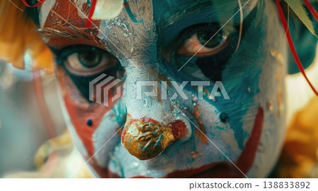 Clown with colorful face paint and a red nose, carnival costume, festive atmosphere. Joyful entertainer portrait for circus or party themes Clown with colorful face paint and a red nose, carnival costume, festive atmosphere. Joyful entertainer portrait for circus or party themes 138833892
