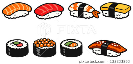 Vector illustration set of various Japanese sushi and rolls 138833893