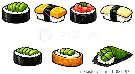 Vector illustration set of Japanese sushi including avocado maki Vector illustration set of Japanese sushi including avocado maki 138833975