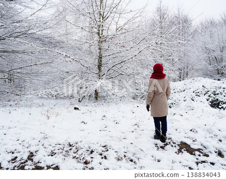 Woman walk in winter snow forest. Woman walk in winter snow forest. 138834043