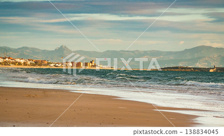 Sea coast and Tarifa town on skyline, Spain 138834045