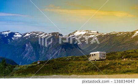 Camper car on road in norwegian mountains 138834047