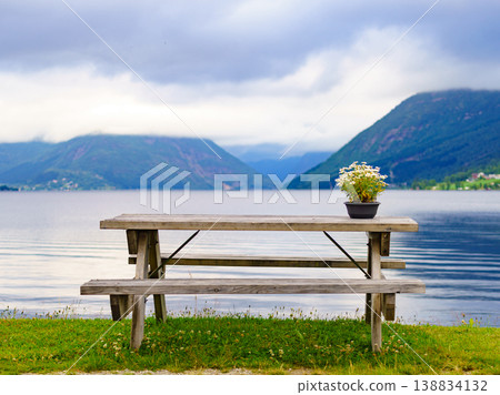 Rest stop area picnic site on fjord shore Rest stop area picnic site on fjord shore 138834132