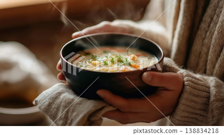 Person holding a steaming bowl of soup garnished with herbs, wearing a cozy sweater, with a warm kitchen setting and soft natural light in the background 138834218