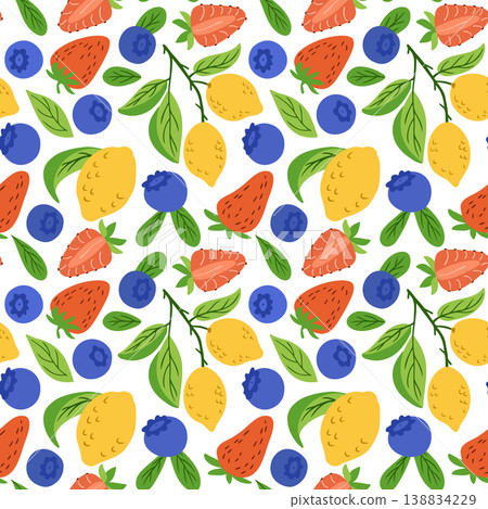 Colorful seamless pattern featuring strawberries, blueberries, lemons, and leaves on a white background, ideal for textiles, wallpapers, and various design projects Colorful seamless pattern featuring strawberries, blueberries, lemons, and leaves on a white background, ideal for textiles, wallpapers, and various design projects 138834229