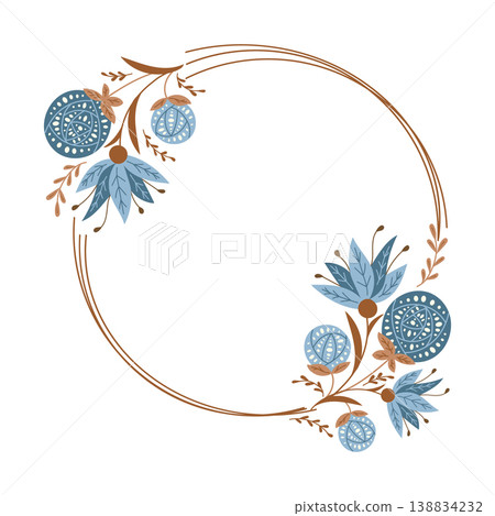 Floral illustration featuring blue flowers and decorative elements arranged in a circular frame, suitable for invitations or greeting cards Floral illustration featuring blue flowers and decorative elements arranged in a circular frame, suitable for invitations or greeting cards 138834232