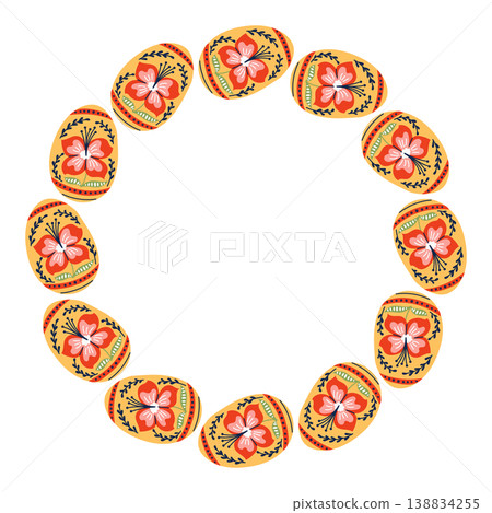 Decorative Easter eggs arranged in a circular pattern, showcasing intricate floral designs in bright colors, ideal for festive decorations and seasonal themes 138834255