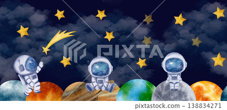 Dark blue sky, clouds, stars, Moon, astronauts, cosmonauts, solar system planets make up this space of seamless border 138834271