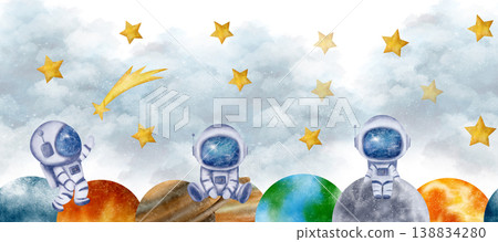 White and blue sky, clouds, stars, Moon, astronauts, cosmonauts, solar system planets make up this space of seamless border 138834280