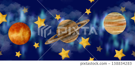 Dark blue sky, stars, nebula, Jupiter, Saturn, Venus, Exoplanet seamless border 138834283