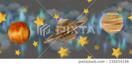Gray sky, stars, nebula, Jupiter, Saturn, Venus, make up this space of seamless border watercolor clip art 138834286