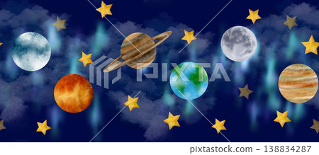 Blue sky, stars, nebula, Jupiter, Moon, Earth, Saturn, Venus, Exoplanet make up this space of seamless border watercolor clip art Blue sky, stars, nebula, Jupiter, Moon, Earth, Saturn, Venus, Exoplanet make up this space of seamless border watercolor clip art 138834287