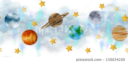 White sky, stars, nebula, Jupiter, Moon, Earth, Saturn, Venus, Exoplanet make up this space of seamless border watercolor clip art 138834289