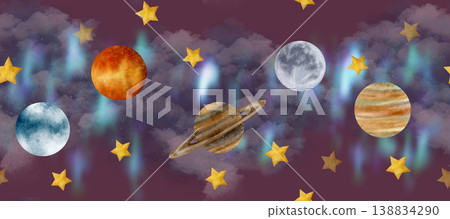 Gray sky, stars, nebula, Jupiter, Moon, Saturn, Venus, Exoplanet make up this space of seamless border watercolor clip art 138834290
