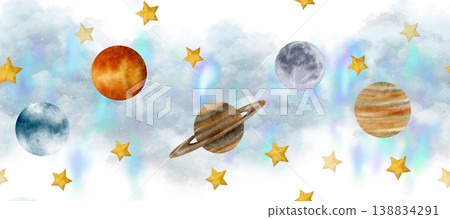 White sky, stars, nebula, Jupiter, Moon, Saturn, Venus, seamless border 138834291