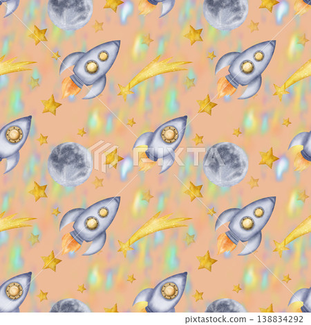 Beautiful peach seamless pattern with space rockets, spaceships, stars, full Moon and nebula, night sky space background Beautiful peach seamless pattern with space rockets, spaceships, stars, full Moon and nebula, night sky space background 138834292