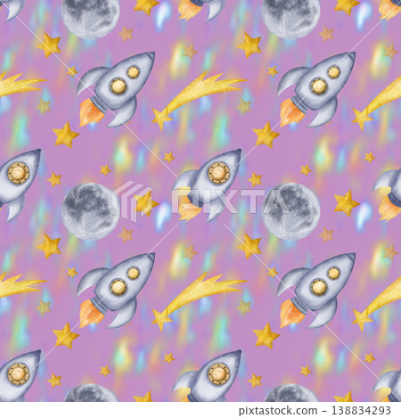 Beautiful pink seamless pattern with space rockets, spaceships, stars, full Moon and nebula, night sky space background 138834293
