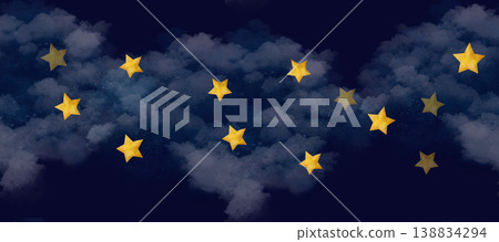 Dark blue sky, fluffy clouds, golden stars make up this space of seamless border watercolor clip art. Watercolor 138834294