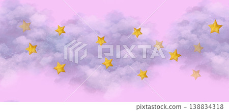Pink sky, fluffy clouds, golden stars make up this space of seamless border watercolor clip art. Watercolor Pink sky, fluffy clouds, golden stars make up this space of seamless border watercolor clip art. Watercolor 138834318