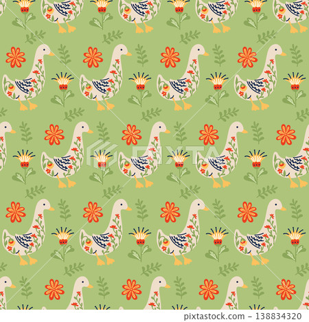 Colorful repeating pattern featuring stylized ducks and flowers on a light green background, ideal for textiles, wallpapers, or decorative designs 138834320