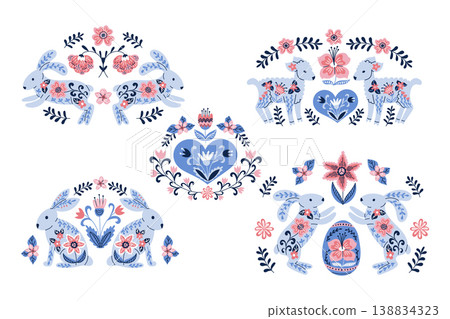 Colorful floral illustration featuring rabbits, flowers, and decorative elements in blue, pink, and white, arranged in a symmetrical design suitable for Easter themes Colorful floral illustration featuring rabbits, flowers, and decorative elements in blue, pink, and white, arranged in a symmetrical design suitable for Easter themes 138834323